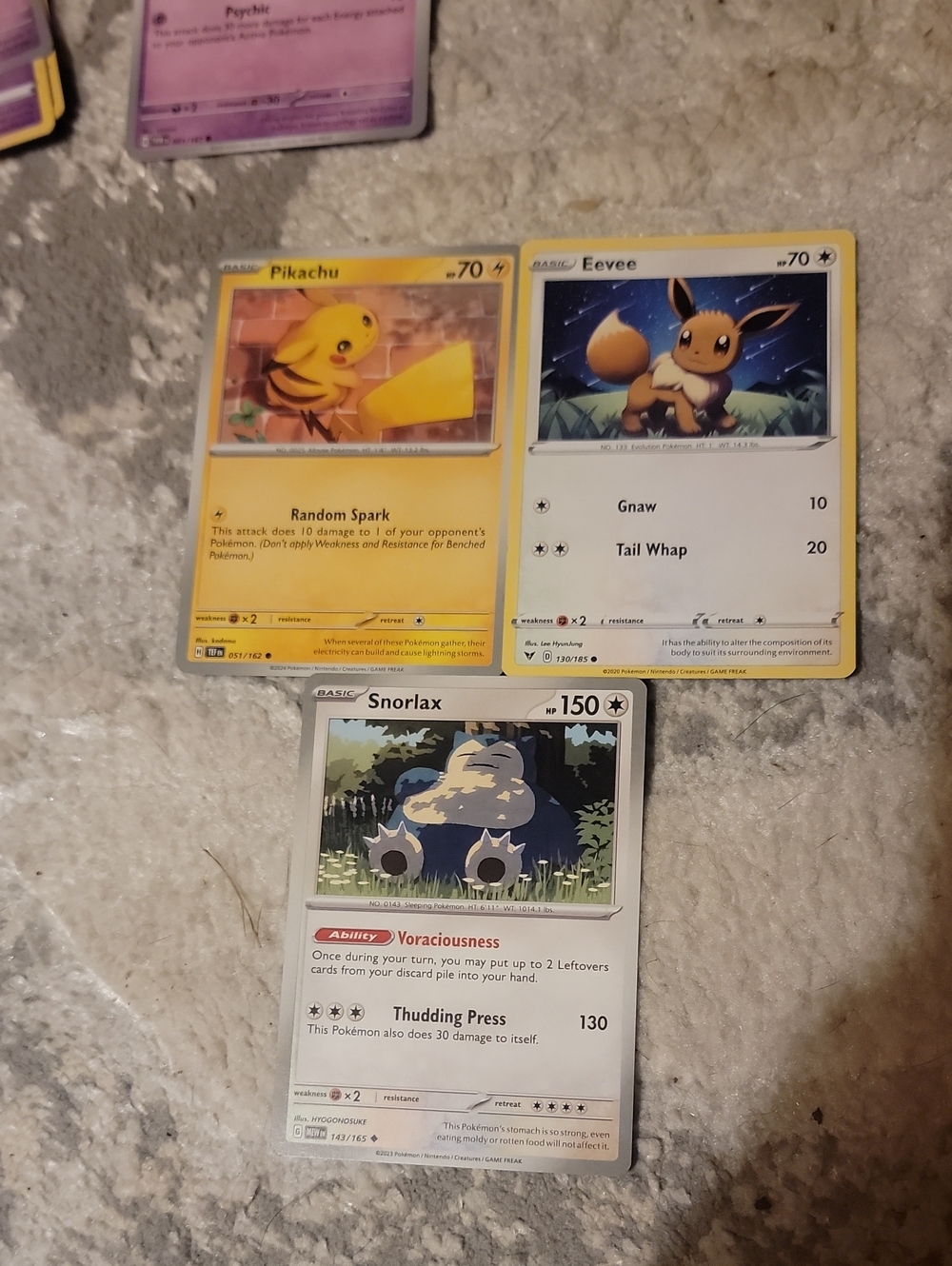 Pokemon Yellow Pikachu, Brown/Cream Eevee & Blue/White Snorlax Trading Cards